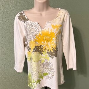 Ruby Rd. Women's 3/4 Sleeve Top - White, Yellow, and Green Floral